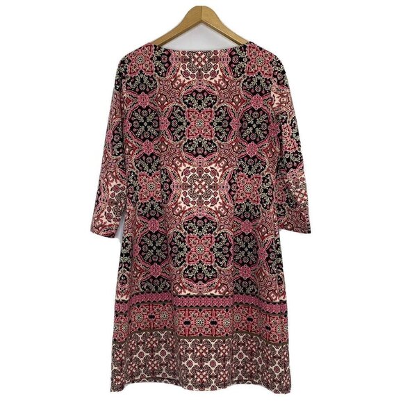 Wisp Stitch Fix 3/4 Sleeve Dress Womens Size 14 Midi Round Neck Border Print Red - Picture 2 of 7